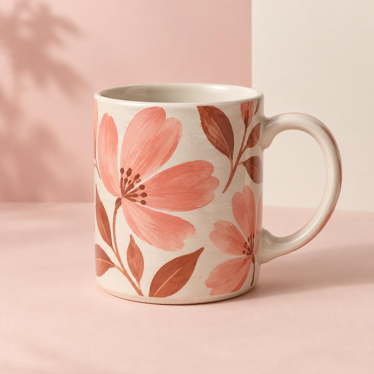 Coral Bloom Mug in a colour-block studio setting