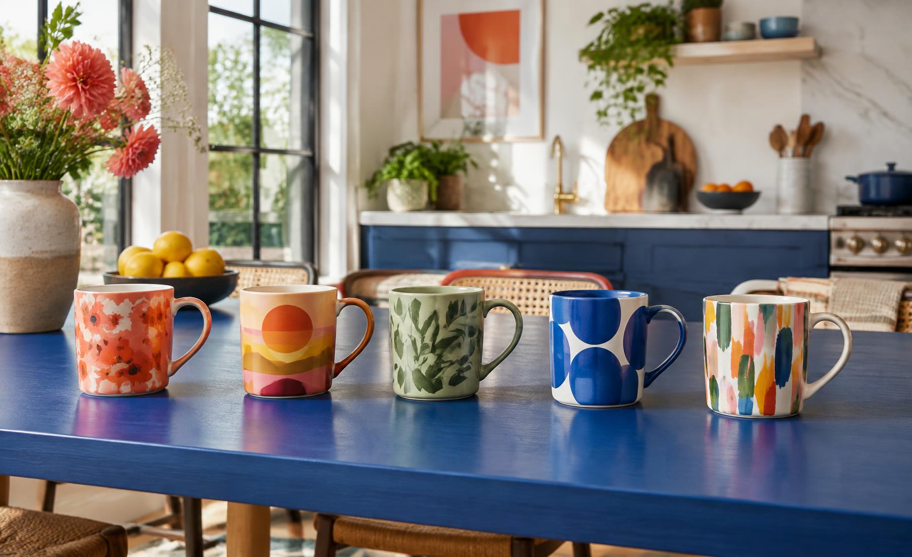 Five artistic mugs grouped on a blue table
