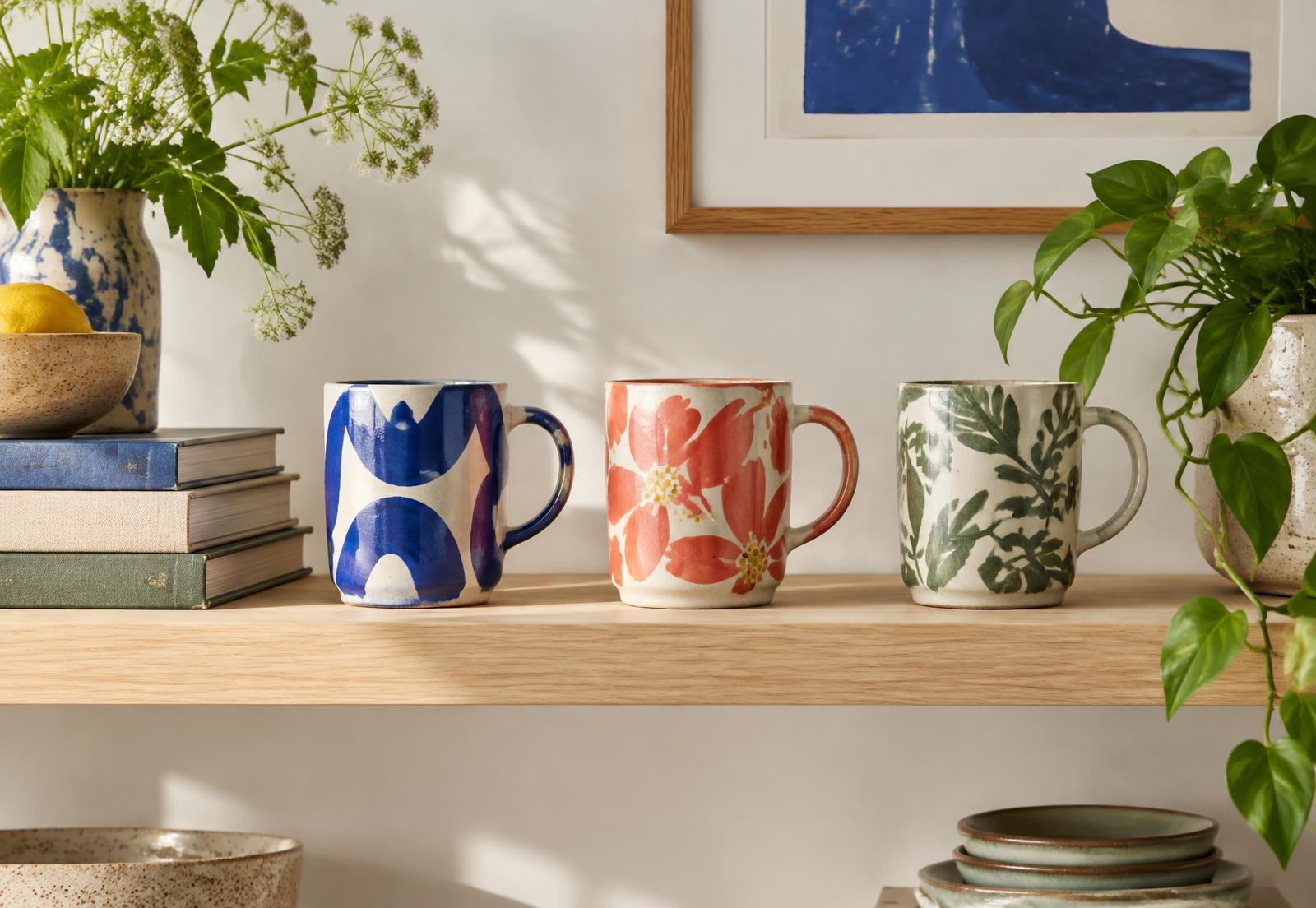 Artistic mugs on a shelf beside books