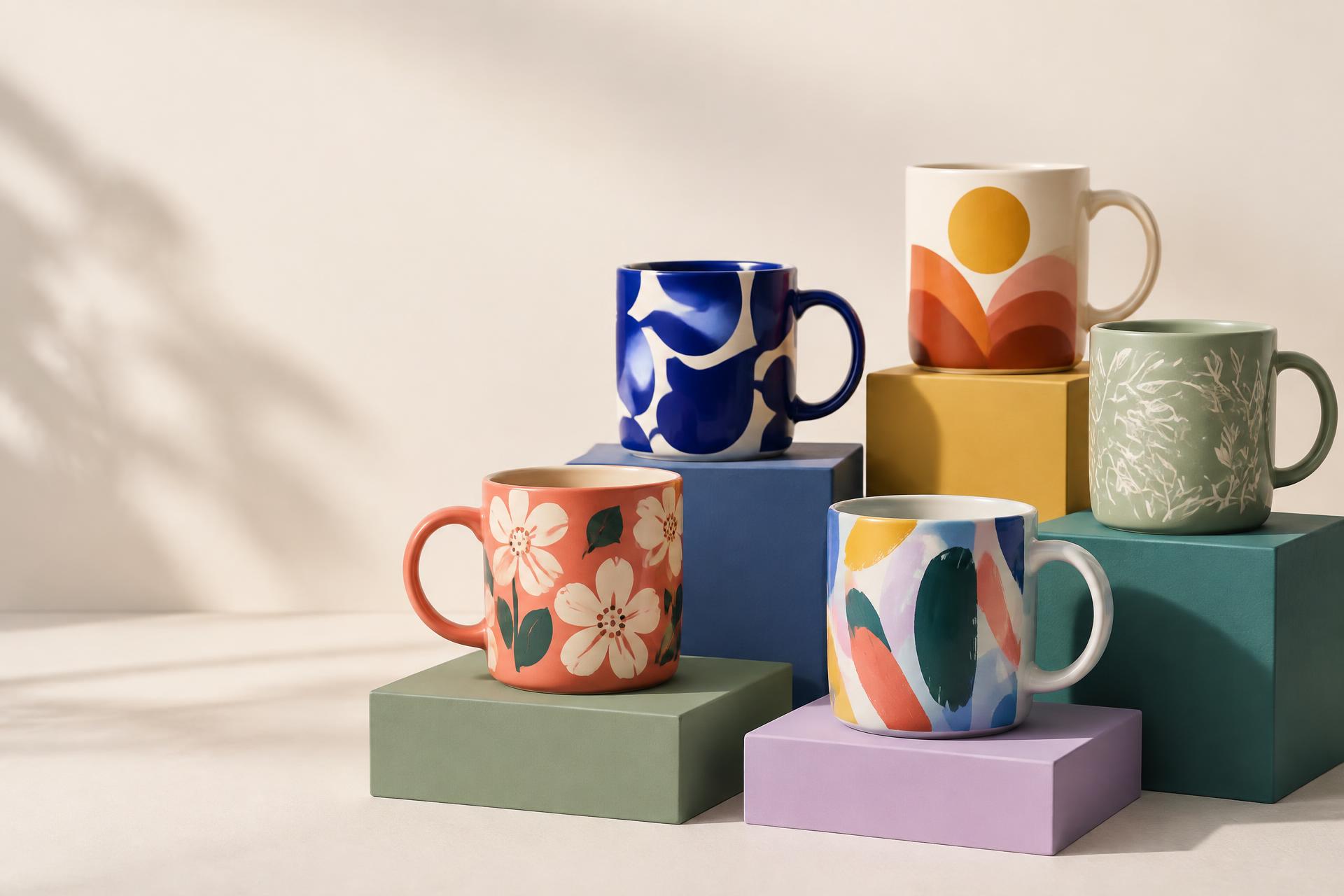 A curated group of five colourful artistic mugs on display plinths