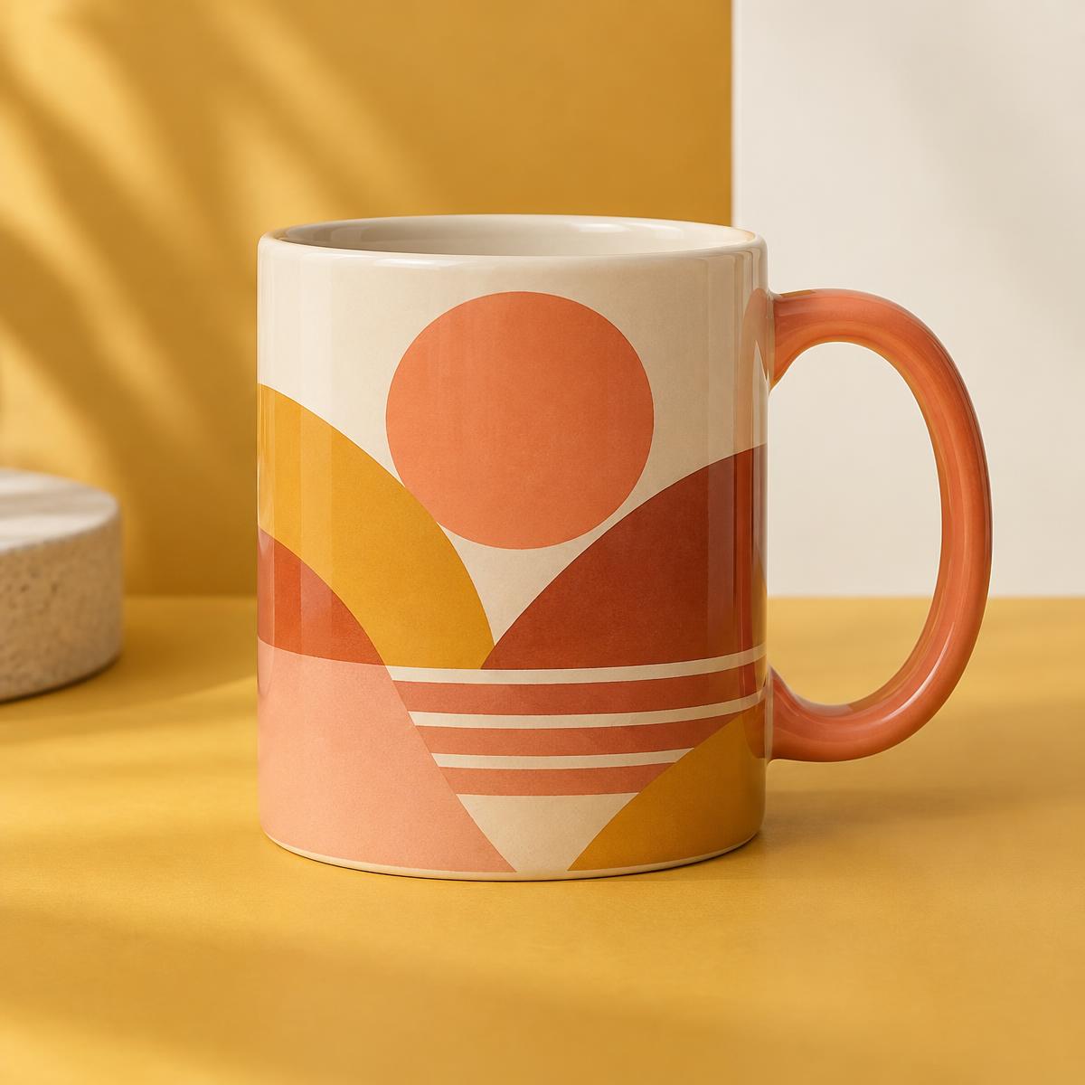 Sunset Shapes Mug in a colour-block studio setting